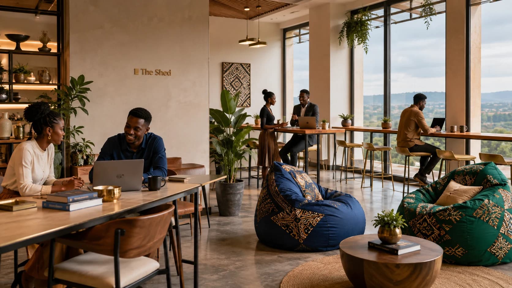 African entrepreneurs and professionals collaborating inside The Shed Campus in Kigali.