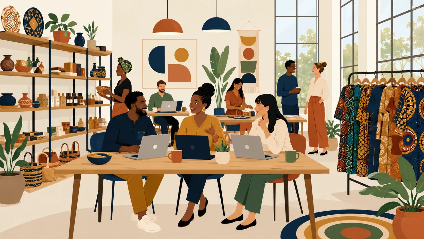 The co-creation room at The Shed, with desks, shelves for member products, and fashion racks